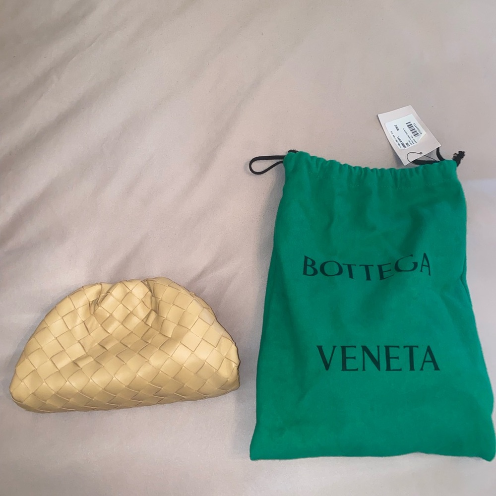 Bottega Veneta Almond Woven Clutch with Green Dust Bag